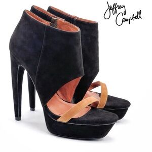 Jeffrey Campbell Black Suede Platform Ankle Boot Sandals with Brown Strap